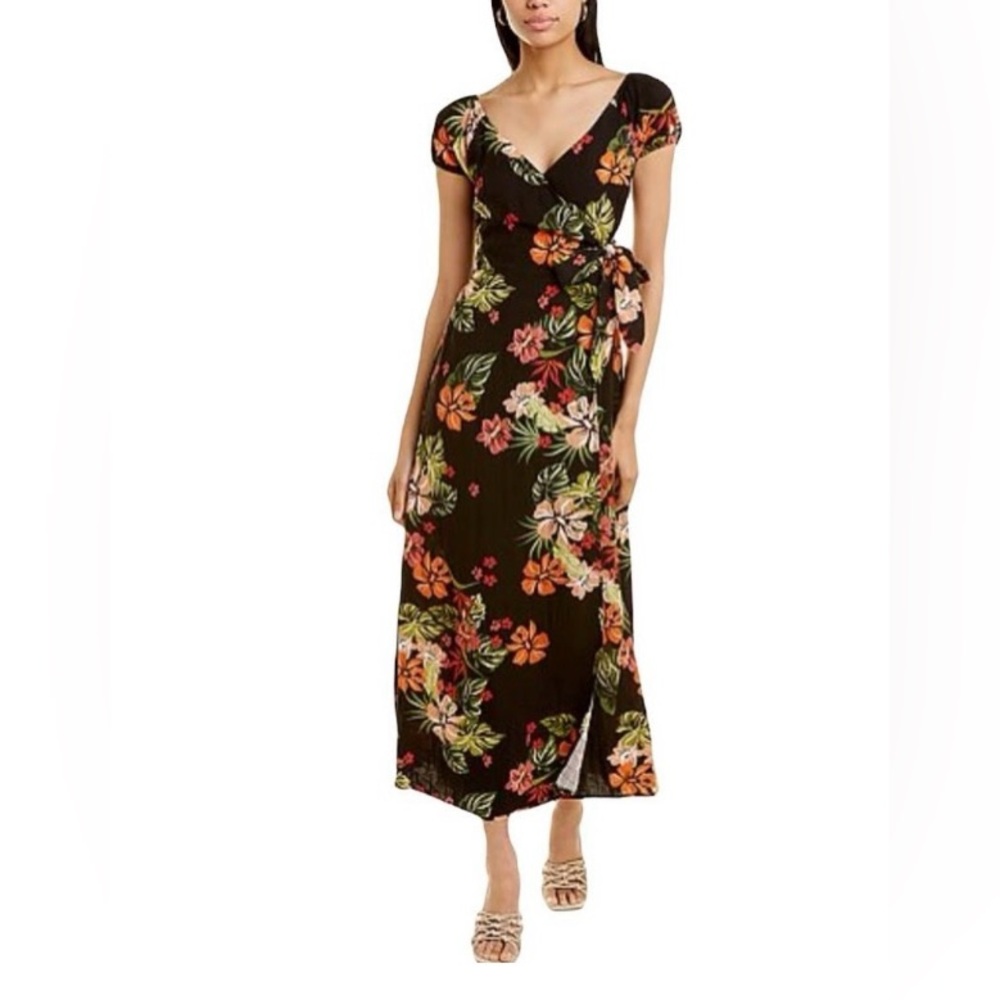 LOST + WANDER Aloha Lei Maxi Dress Floral Black Rayon Wrap